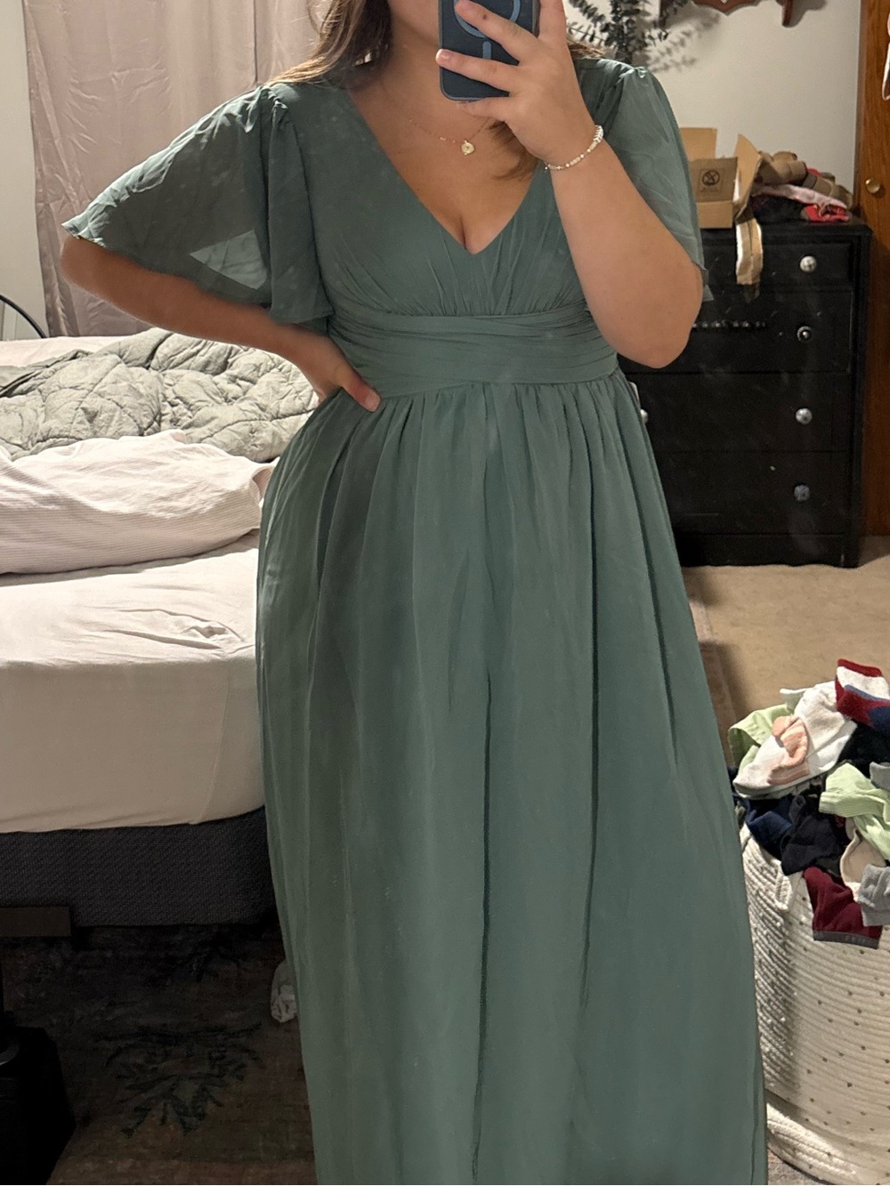 Azazie Sage Green V-Neck Flutter Sleeve Maxi Gown